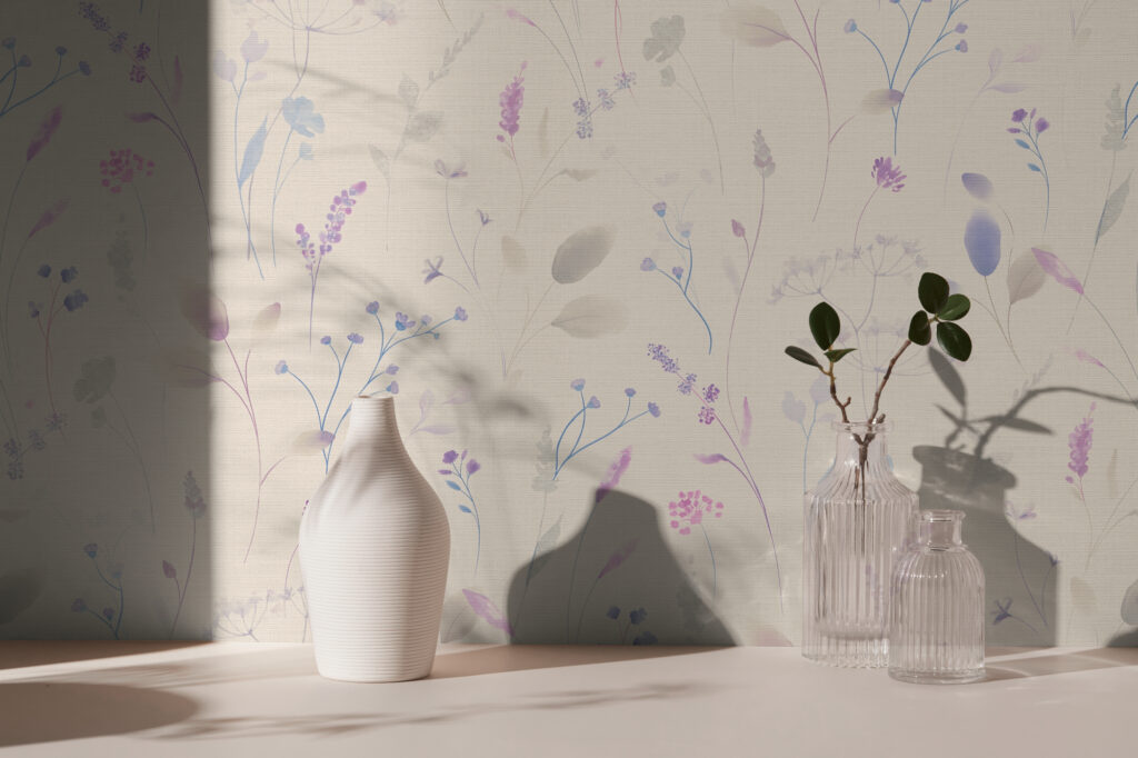 Tapeten Wildblumen Aquarell Lila Blau Beige Romantisch