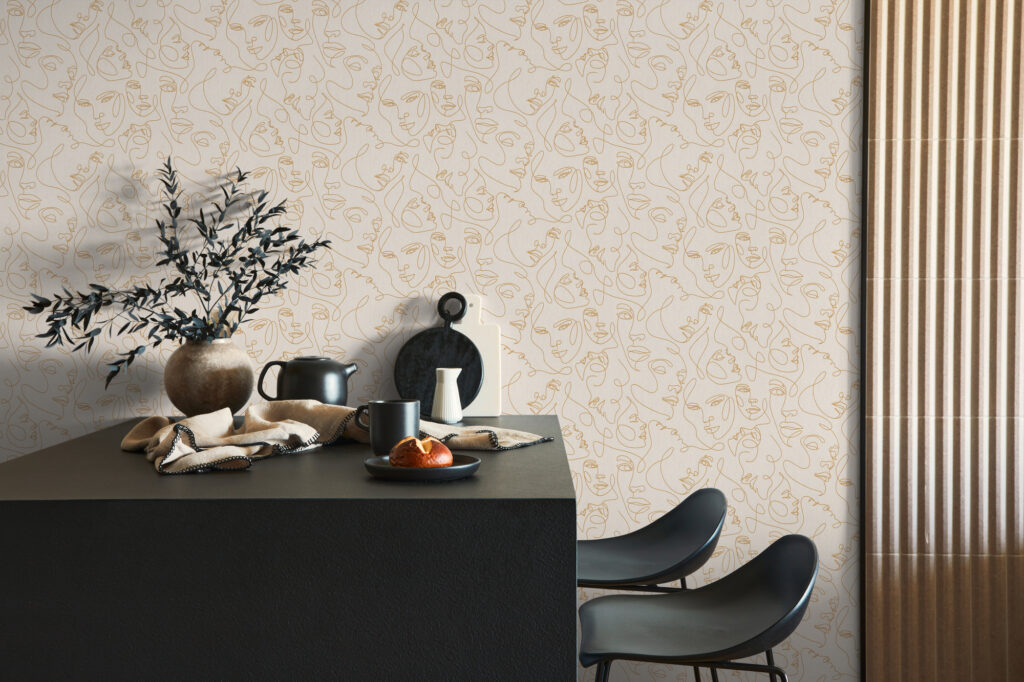 Tapeten Abstrakte Gesichter Line Art Gold Beige Modern