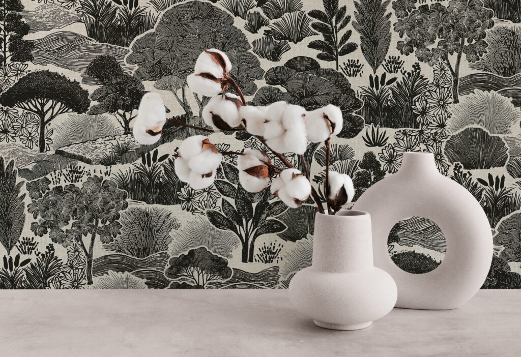 Tapeten Schwarz-Weiss Botanisch Wald Landschaft Vintage Muster