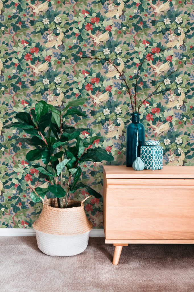 Tapeten Botanisch Vögel Blumen Grün Rot Vintage Muster
