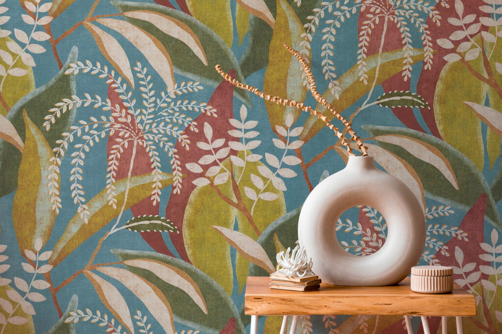 Tapeten Botanisch Blätter Blau Grün Rot Vintage Natur
