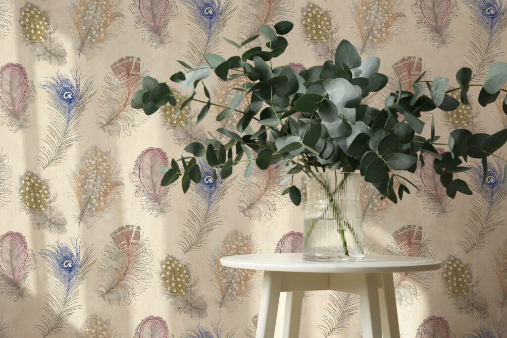 Tapeten Bunte Federn Pfauenfeder Muster Beige Boho