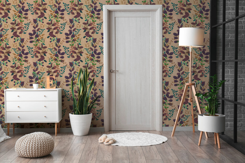 Tapeten Bunt Botanisch Blätter Muster Beige Hintergrund