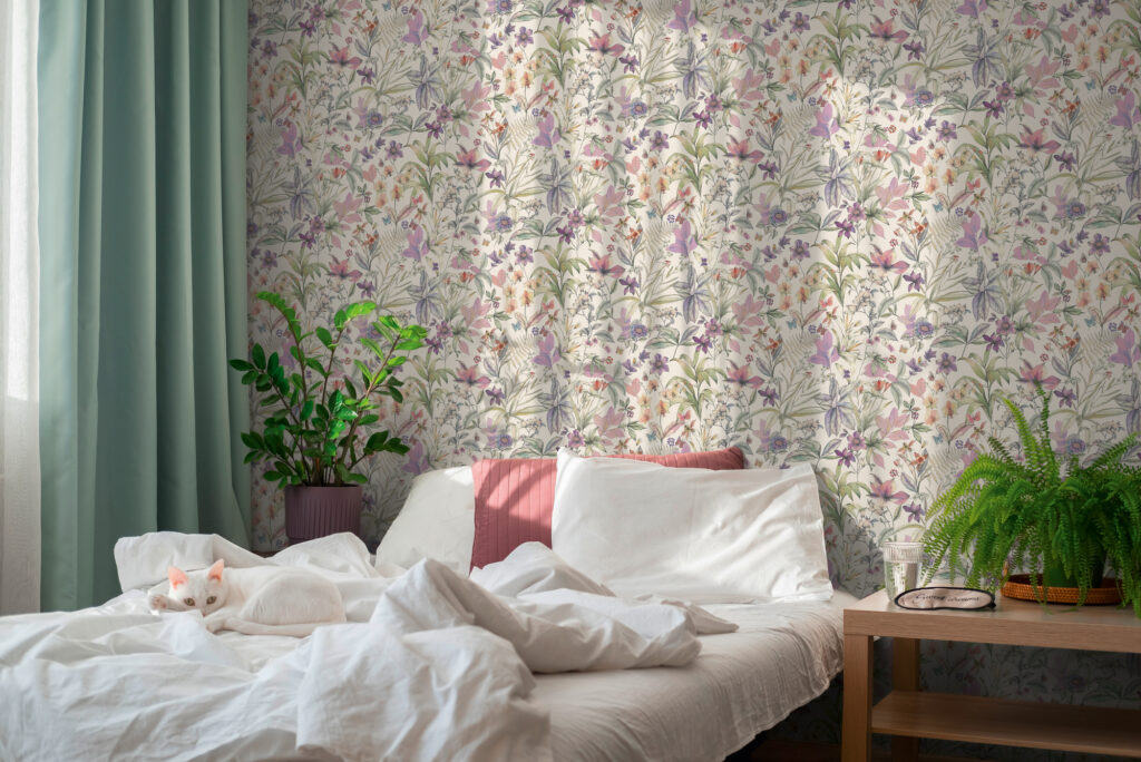 Tapeten Blumen Lila Rosa Grün Botanisch Schlafzimmer