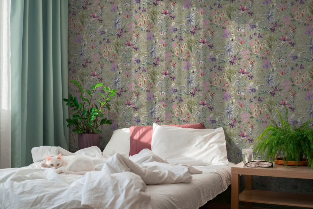 Tapeten Botanisch Blumen Grün Rosa Lila Schlafzimmer