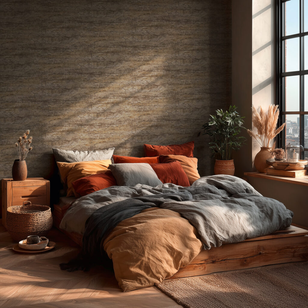 Tapeten Betonoptik Grau-Braun Strukturiert Schlafzimmer
