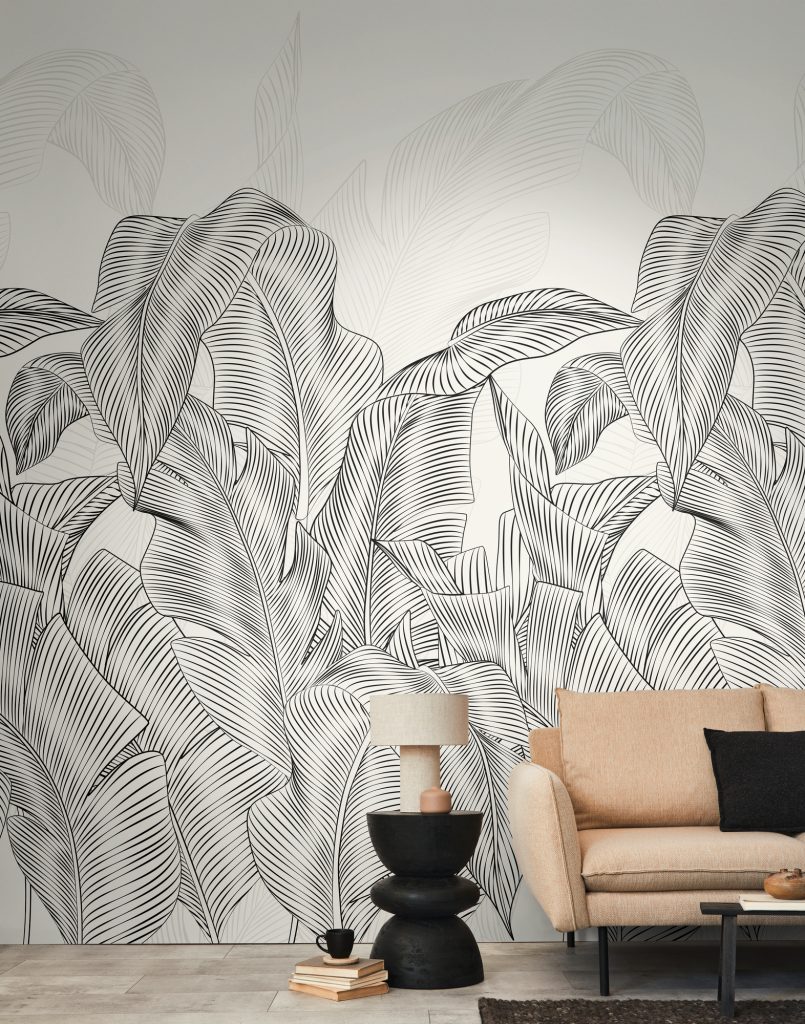 Tapeten Schwarz-Weiss Tropische Blätter Line Art Mural