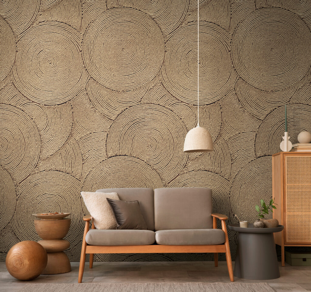 Tapeten Jute Spiralen Muster Beige Boho Naturfaser Optik