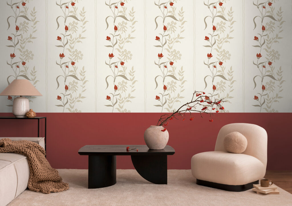 Tapeten Blumenranken Rot Beige Creme Floral Streifen