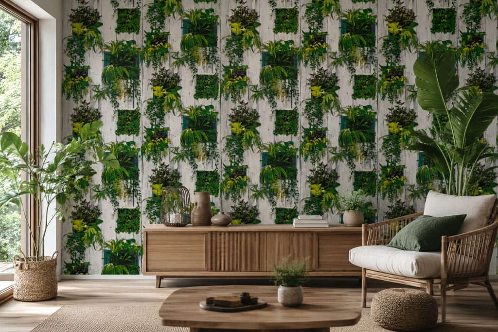 Tapeten Tropische Pflanzen Holzwand Weiss Grün Natur Boho