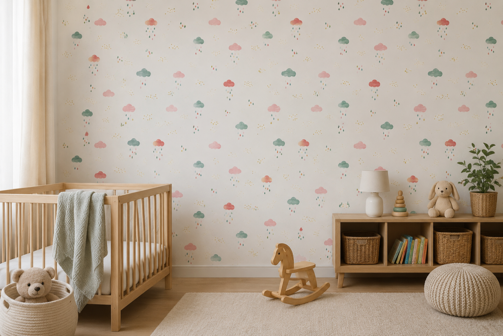 Tapeten Kinderzimmer Wolken Regen Bunt Gold Weiss