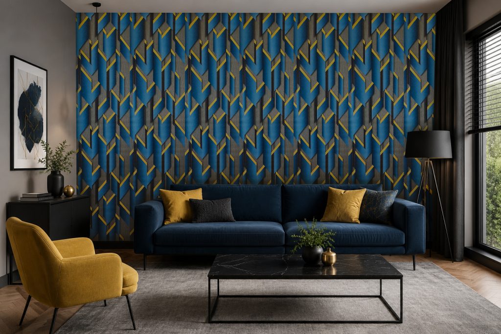 Tapeten Geometrisch 3D Blau Gelb Grau Modern Retro