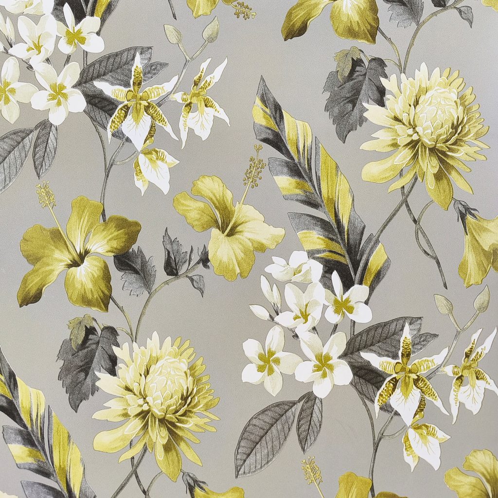 Tapeten Botanisch Blumen Gelb Grau Floral Muster