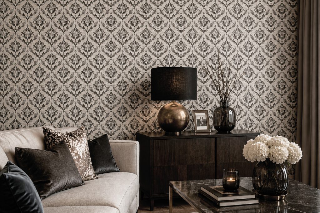 Tapeten Barock Damast Ornament Grau Schwarz Klassisch